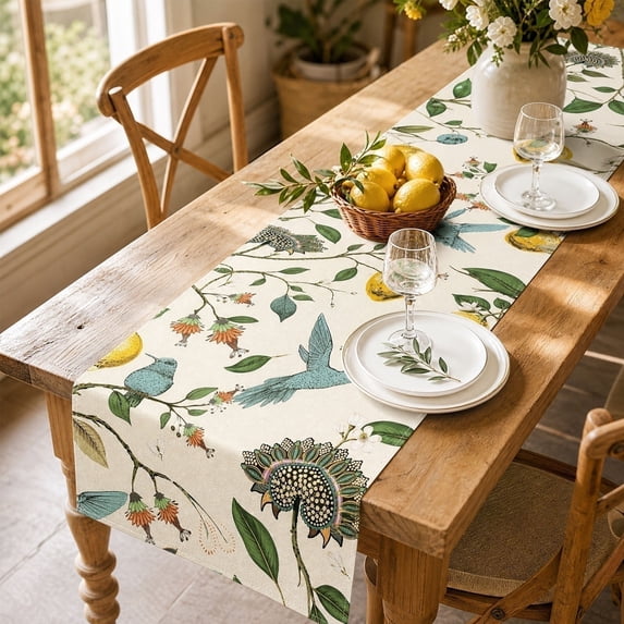 PoyoKee Table Runner, Bird Lemon Print Table Cloth, Botanical Floral Tablecloth Party Decorations for Kitchen and Dining, Home Decor, 72 x 13 inch