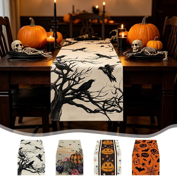 PoyoKee Table Runner, Halloween Pumpkin Ghost Table Cloth, Linen Tablecloth Party Decorations for Kitchen and Dining, Home Decor, 72 x 13 inch