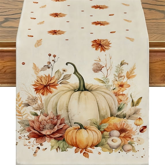 PoyoKee Thanksgiving Linen Table Runner, 72" x 13" Fall Pumpkin Maple Leaf Table Cloth, Fall Decor for Kitchen Party Dining Mantel Party Decorations