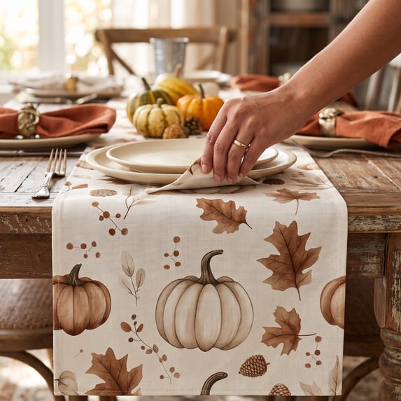 PoyoKee Thanksgiving Linen Table Runner, 72" x 13" Fall Pumpkin Maple Leaf Table Cloth, Fall Decor for Kitchen Party Dining Mantel Party Decorations