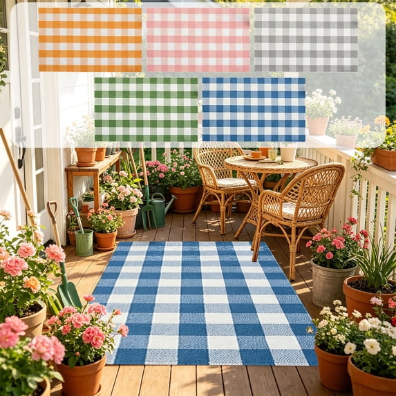 PoyoKee Washable Rug, 23.6" x 15.7" Summer Plaid Door Mat for Entryway, Handwoven Cotton Outdoor Rugs for Front Porch Outdoor Decor Welcome Mat, Blue