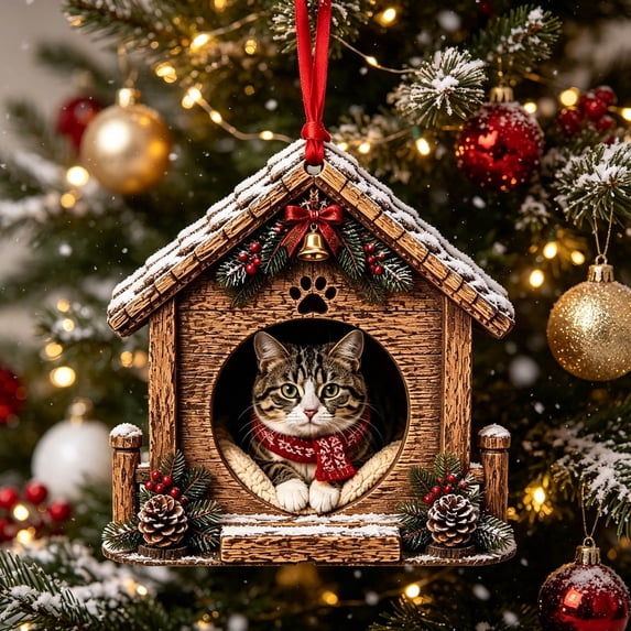 Poyokee Christmas Decorations, 3D Resin Pet‑House Hangings for Cat Ornaments for Christmas Tree, Suspendable Cat Ornament for Wall Shelf Entryway Christmas Tree Decorations