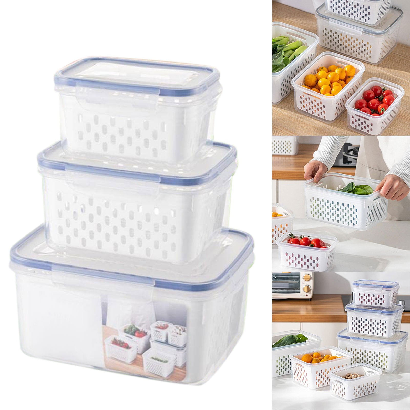 Fresh Container, LUXEAR 3 Pack Fruit Storage Container Partitioned Produce  Container for Refrigerator 