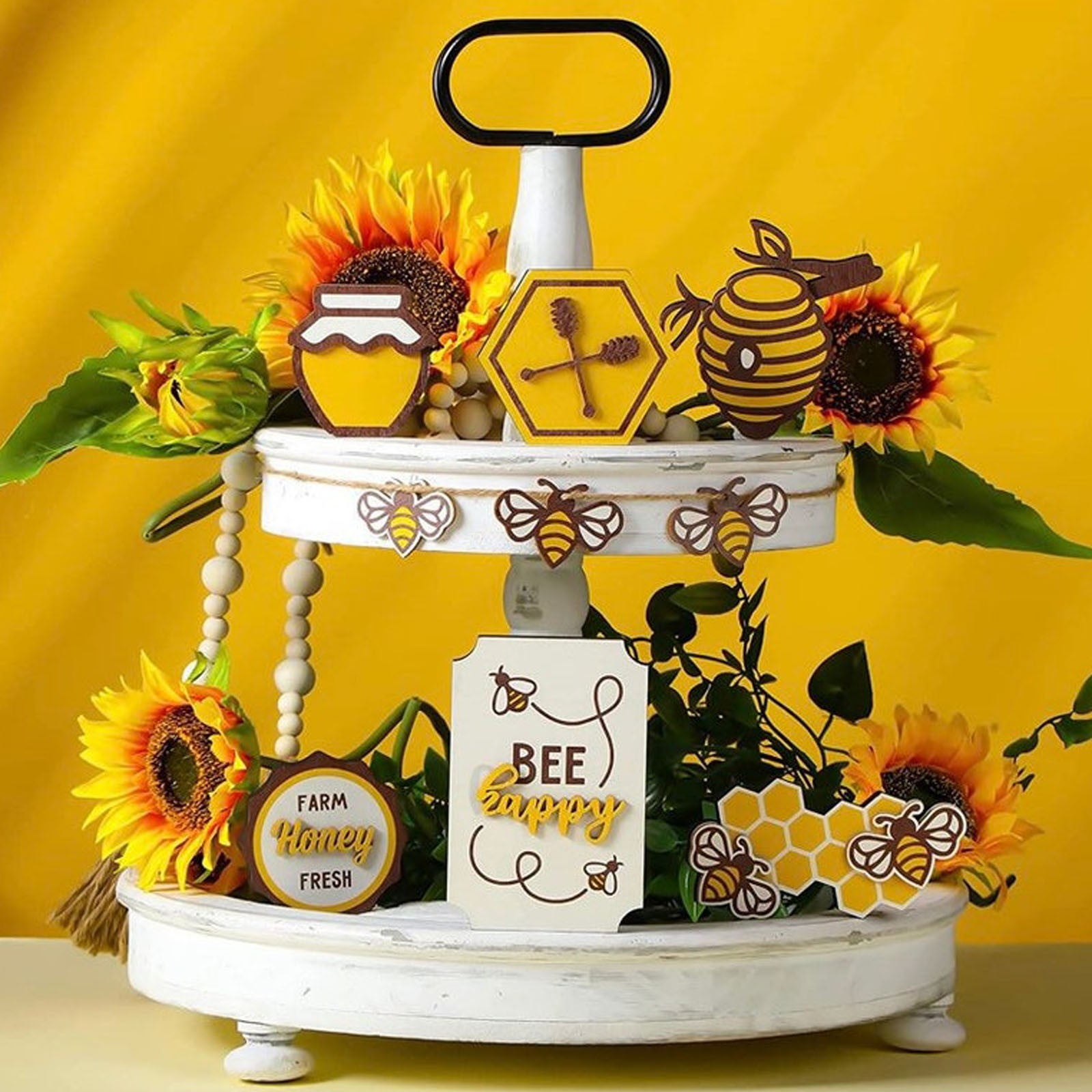 Mini Tiered Tray Picket Fence, Bumblebee Themed. Yellow, Black and White  Bee, Daisies. 6 Wide by 4 Tall Farmhouse Decor 