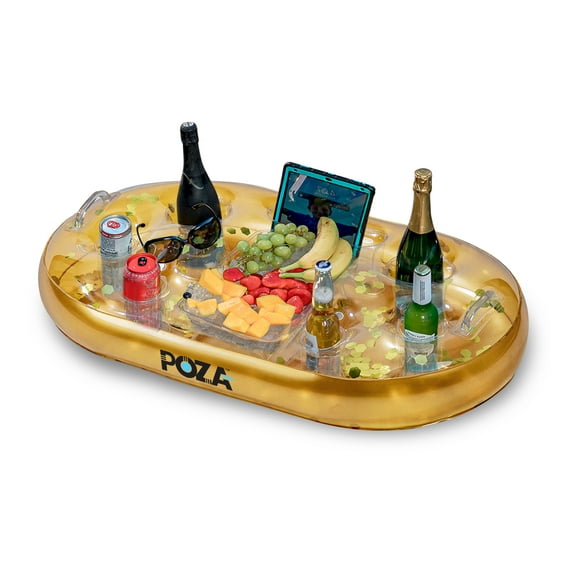 Poza Gold Inflatable Floating Cooler - Cool Drink Holder For Pool With Sparkly Confetti, Luxurious Party Cooler Float With 8 Holders, Inflatable Serving Bar For Pool, Beach, Hot Tub - 39x23 Inch