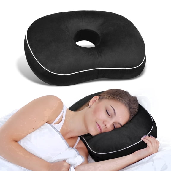 Pozico 1 Pack Side Sleeper Ear Pillow, 4 inch Ear Hole for Piercings, Ergonomic Neck Support, Soft Velvet Hypoallergenic, Black