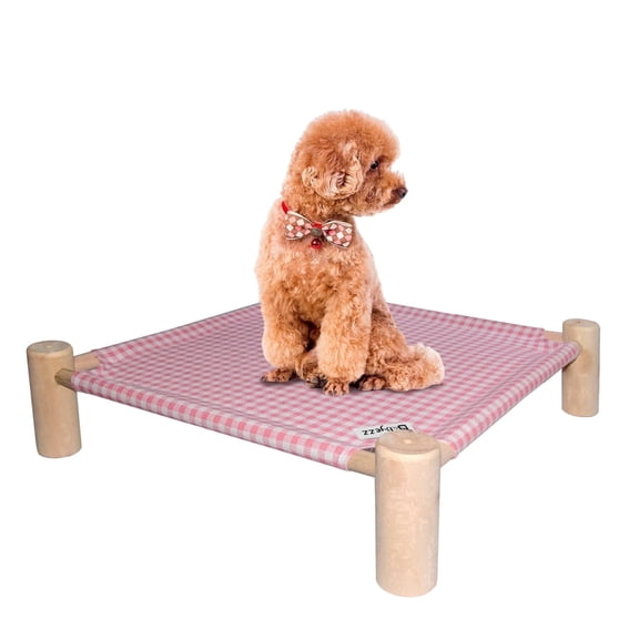 Pozico Wooden Frame Elevated Pet Bed Hammock, Breathable Mesh Portable Raised Pet Cot for Small Cats and Dogs, Pink Plaid Pattern Indoor Outdoor