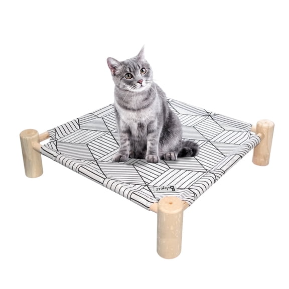 Pozico Standard Elevated Cat Bed, 1 Pack White Diamond Pattern Elevated Pet Cot, Wooden Frame Breathable Mesh Hammock for Small Cats Indoor Outdoor