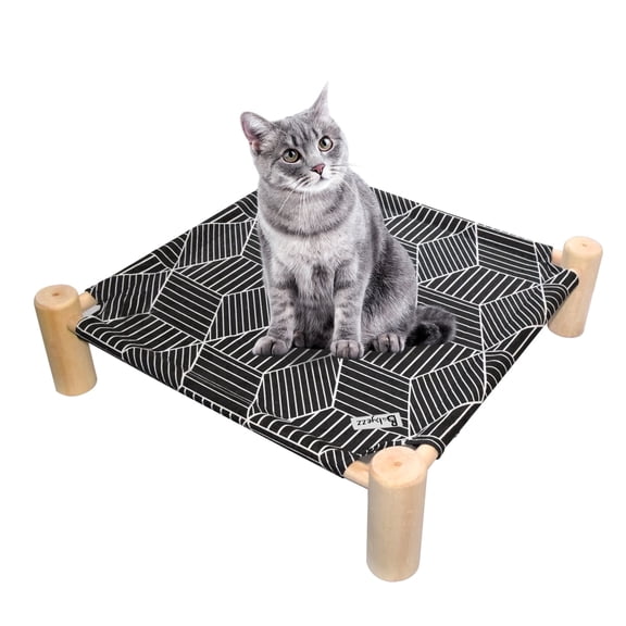 Pozico Wooden Frame Elevated Pet Bed Hammock, Breathable Mesh Portable Raised Pet Cot for Small Cats and Dogs, Black Diamond Pattern Indoor Outdoor