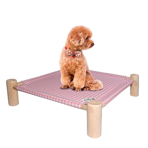 Pozico Natural Wood Frame Elevated Pet Hammock, Breathable Mesh Portable Raised Pet Bed for Cats and Dogs Indoor Outdoor, Pink