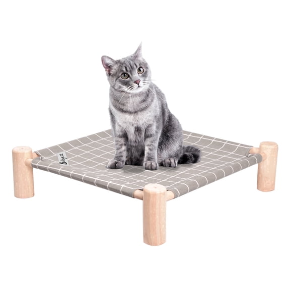 Pozico Gray Plaid Elevated Pet Cot, Wooden Frame Breathable Mesh Hammock Bed, for Small Cats & Dogs Indoor Outdoor