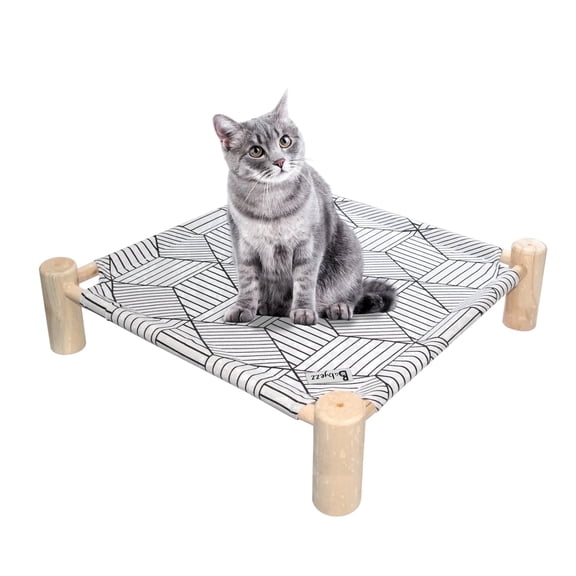 Pozico Elevated Pet Cot Bed, Wooden Frame with Breathable Mesh, Raised Cat & Dog Bed, White Diamond Pattern, Indoor Outdoor Use