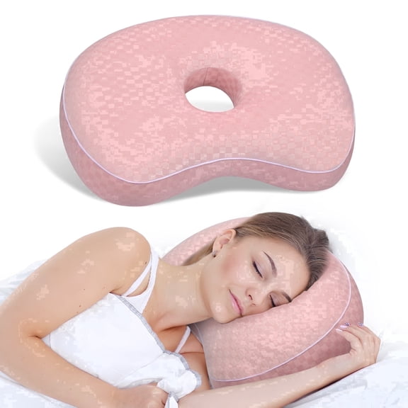 Pozico Soft Velvet Ear Piercing Pillow, Round Donut Cushion with 4 Inch Ear Hole, Ergonomic Side Sleep Support, Removable Breathable Washable Cover