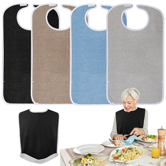 Pozico 4 Pack Adult Bibs, Washable Waterproof Clothing Protector with Crumb Catcher for Men Women Elderly, 30x18 Inch Upgraded Fabric, Black