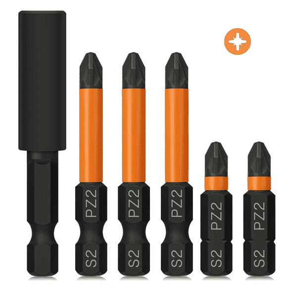 Pozidriv Bit Set,Tonsiki 6pcs PZ2 Bits Pozi Pozidriv Screwdriver Bit Set,S2 Steel Impact Driver Bits, 2'' & 1'' Long
