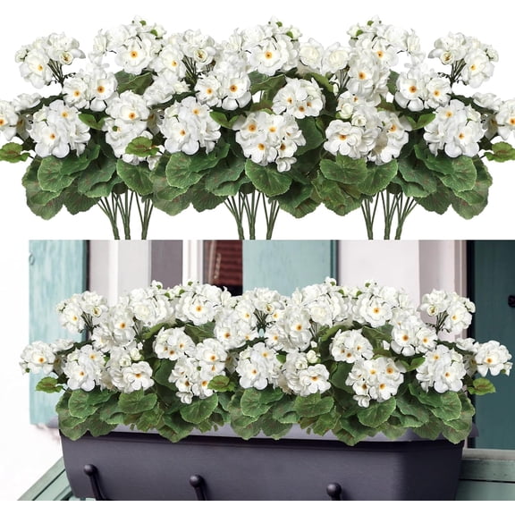 Pozyie 3-Pack 14" Artificial Geraniums UV Resistant Silk Flowers for Outdoor Garden Décor, Faux Flower Bushes for Home, Wedding, or Table Centerpieces.,White
