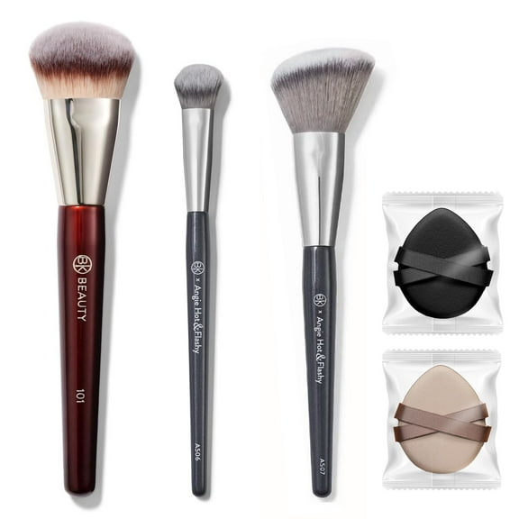 Pozyie BK Beauty Brush Set – A506, A507 & 101 Concealer Brushes，Mini Foundation & Contour Brush Trio with Powder Puff for a Flawless Look