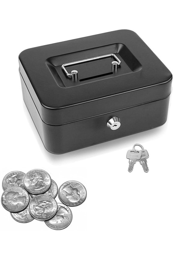 Locking Steel Mini Cash Box with Removable Coin Tray and Key Lock for Kids,4.92" x 3.74" x 2.36",Black