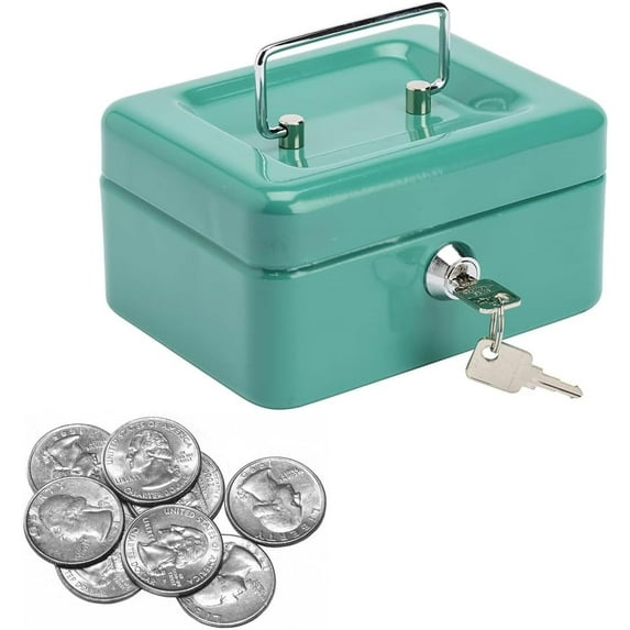 Pozyie Locking Steel Mini Cash Box with Removable Coin Tray and Key Lock for Kids,4.92" x 3.74" x 2.38",Green