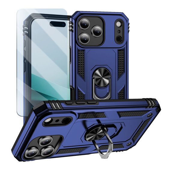Pozyie Rugged Case for iPhone 17 Pro Max with Screen Protector, Full-Body Shockproof Protective Cover with Metal Magnetic 360° Rotating Ring Kickstand, Blue