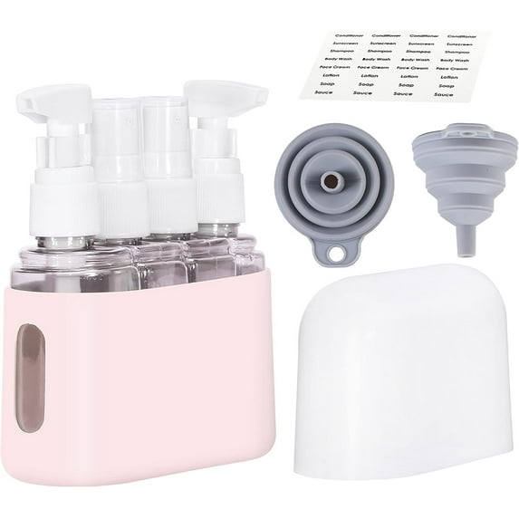 Pozyie Travel Bottles, Leak Proof Containers TSA Approved Leakproof Travel Size Toiletry Containers, Refillable Lotion and Spray Bottles with Labels and Storage Box,Pink