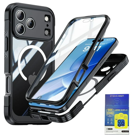 Pozyie for iPhone 17 Pro Max Case Magnetic Compatible with MagSafe, Includes Lens Protector,Built-in Screen Protector Military Grade Drop Protective Clear Case,Black