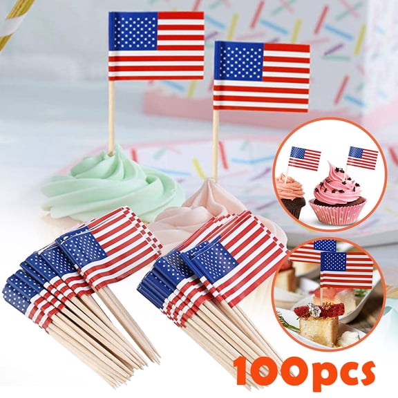 WWG 100 Pack US Flag Picks for Sandwiches and Appetizers, American Flag Cupcake Toppers Cocktail Toothpicks, 2.5 Inch Wooden Food Picks for 4th of July Party Decor