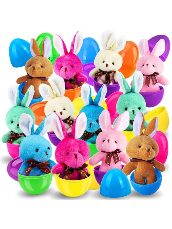 12-Pack Easter Egg Surprise Toys, Plastic Eggs with Plush Bunny Keychains Inside, Party Favors for Kids Easter Basket Stuffers, 3.3 Inch