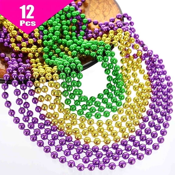WWG 12PCS Mardi Gras Plastic Bead Necklaces, Color Plated Holiday Party Carnival Accessory for Festive Events, 33 Inches Long