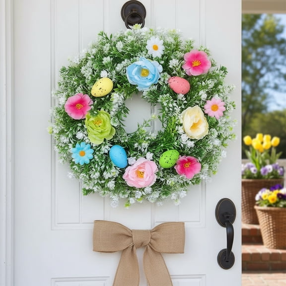 PpgejGEK 13.8in Easter Wreath with Berry Leaves Flowers and Decorative Eggs Artificial Spring Door Hanging for Home Garden Party Decor