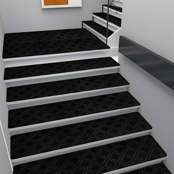 PpgejGEK 15-Piece Non-Slip Stair Treads Carpet Set, Self-Adhesive Step Mats for Indoor Stairs, 21.6 x 7.4 Inch Each, Diamond Embossed Surface, Easy to Clean, Gray or Khaki Color