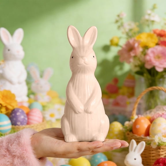 WWG 2.8x2.8x7.1in Easter Bunny Ceramic Figurine Vertical Stripe Design Cute Rabbit Statue for Desktop Shelf Home Decor Gift