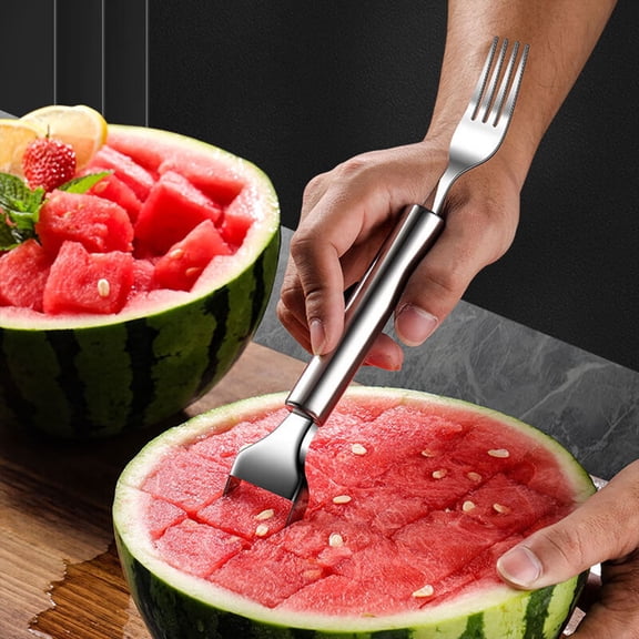 WWG 2-in-1 Stainless Steel Watermelon Cutter and Fork Tool, Summer Fruit Slicer Corer for Kitchen Picnic Camping, 8.7 Inch