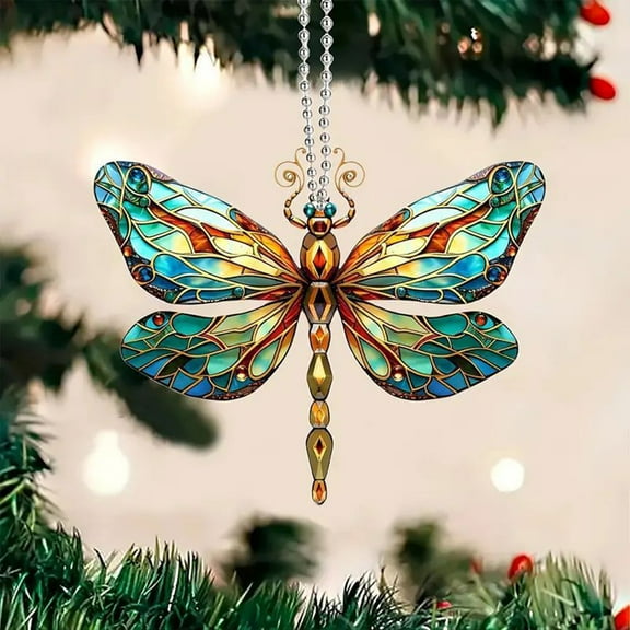 PpgejGEK 2D Colored Glass Acrylic Dragonfly Car Pendant, Stained Glass Style Hanging Decoration for Rearview Mirror Bag Charm, 9.07x8cm/3.57x3.15in Gift