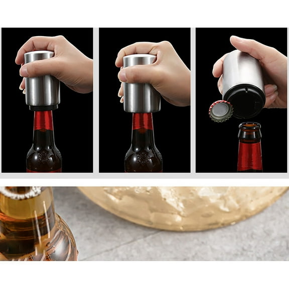 PpgejGEK Automatic Press Down Bottle Opener for Beer Soda and Water Bottles Stainless Steel One Handed Easy Open Kitchen Bar Tool Compact Portable Design