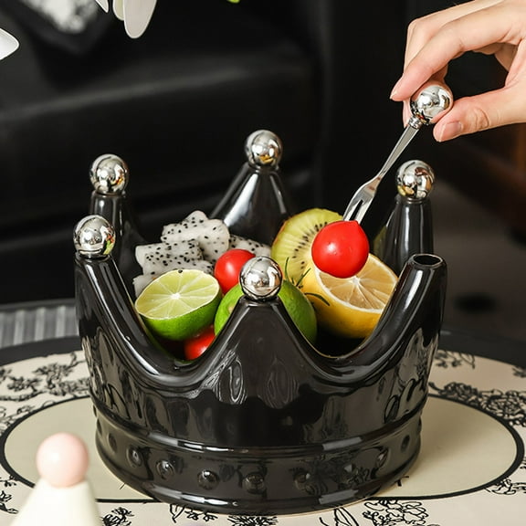 PpgejGEK Crown Shaped Ceramic Fruit Bowl with Forks, Elegant European Court Style Home Decor, Lead-Free High-Temperature Fired Snack Tray for Dining Table, Holiday Gift for Family
