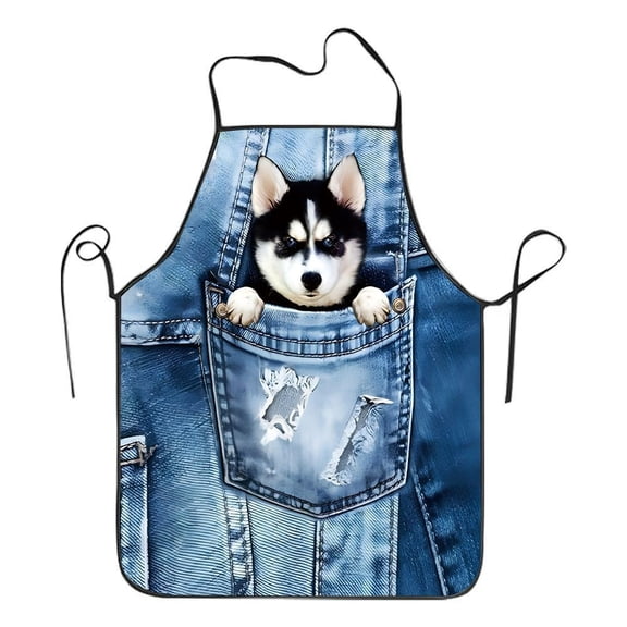 WWG Cute Animal Pinafore Apron with Denim Pocket Puppy Design Adjustable Neck Strap Polyester for Kitchen Gardening Gift 31.5x23.6 Inch