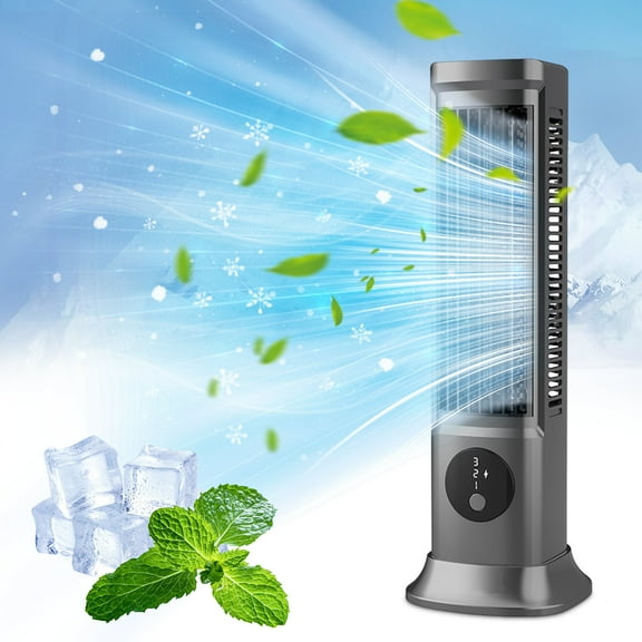 PpgejGEK Desktop Tower Fan Portable Household Silent Small Fan Cooler Air Conditioning Fan USB Charging 3 Speeds ABS Material Gray with Towel for Office Travel