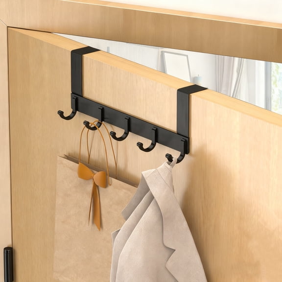 PpgejGEK Over The Door Hooks No Drill Needed Hanger Towel Rack for Bathroom Bedroom with 6 Coat Hooks Space Saving Organizer Black Steel 25x11cm/9.8x4.3in 32x11cm 39x11cm