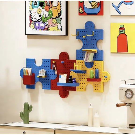 PpgejGEK No-Drill Puzzle Pegboard Storage Rack Set 9.5x14.25 Inch, Modular Wall Mount Organizer for Bathroom Kids Room Desk & Entryway, Multi-Color Plastic Shelving Unit