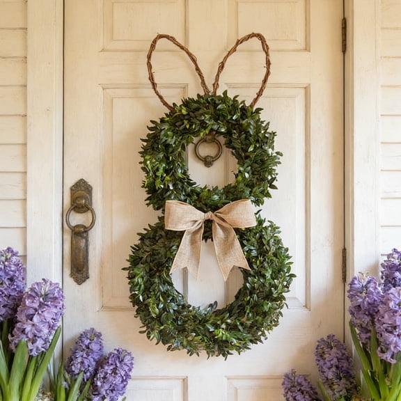 WWG Easter Bunny Ear Wreath with Green Leaves and Linen Bow, Front Door Hanging Window Display Decoration for Spring Holiday, Plastic Foliage, 17.72x9.84 Inches