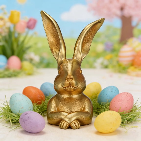 WWG Easter Bunny Statue Gold Finish 3D Printed Rabbit Figurine Home Tabletop Decoration Centerpiece Spring Holiday Ornament