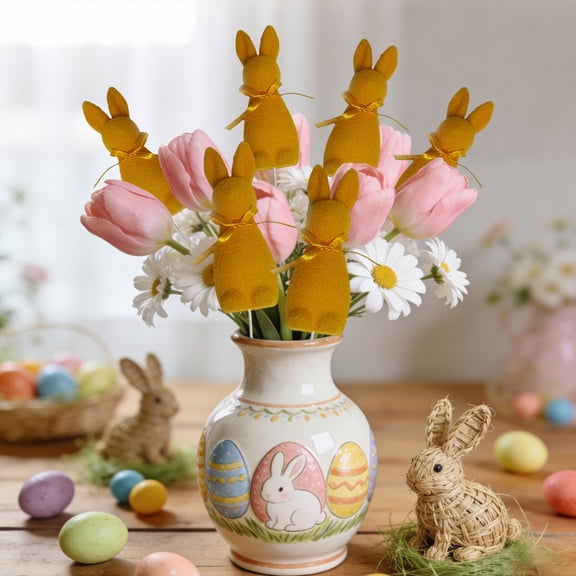 WWG Easter Bunny Synthetic Flocked Spray with Embroidered Bow for Vase Arrangement Home Decoration Spring Floral