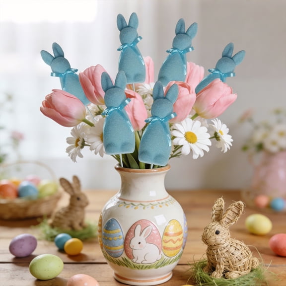 PpgejGEK Easter Bunny Synthetic Flocked Spray with Embroidered Bow for Vase Arrangement Home Decoration Spring Floral