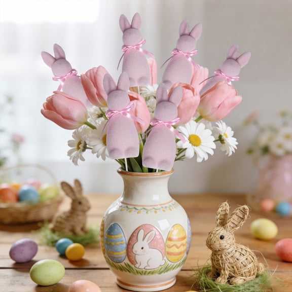 PpgejGEK Easter Bunny Synthetic Flocked Spray with Embroidered Bow for Vase Arrangement Home Decoration Spring Floral