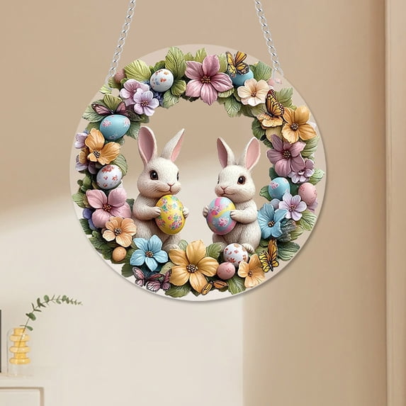 WWG Easter Bunny and Egg Acrylic Hanging Ornaments 7.9 Inch 2D Flat Designs for Home Garden Wall Decoration Party Favor Gift Holiday Decor