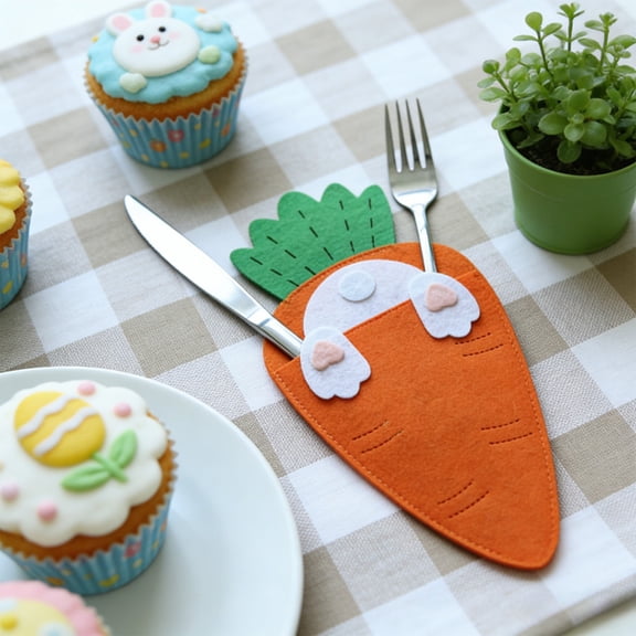 WWG Easter Carrot Silverware Pocket Cutlery Pouch 10.24x4.92 Inches Fabric Utensil Holder for Holiday Table Setting Spring Party Dinner Decorations