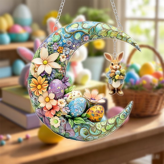 PpgejGEK Easter Crescent Moon Acrylic Hanging Decoration with Colorful Flowers and Bunny 2D Window Ornament Wall Hanging for Home Spring Festival Decor