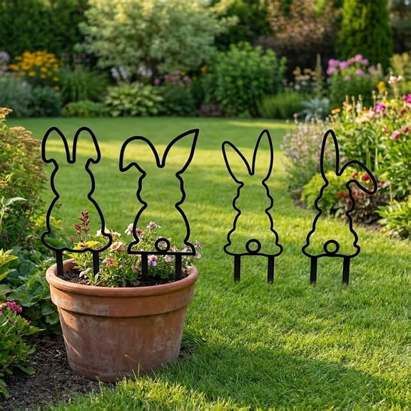 WWG Easter Cute Metal Rabbits 4 Pcs 9.84 Inch Outdoor Garden Stakes Black Silhouette Yard Decor Spring Festival Lawn Ornament Set