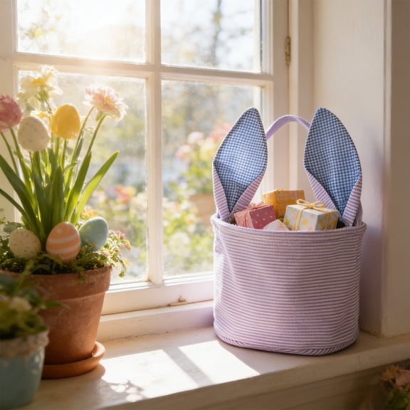 PpgejGEK Easter Egg Storage Basket with Bunny Ears, Festive Kids Handheld Bucket Bag Made of Bubble Yarn, Solid Color Portable Gift Bag 9.06x7.48 Inches
